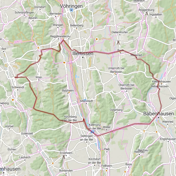 Karten-Miniaturansicht der Radinspiration "Gravelabenteuer durch Illertissen" in Tübingen, Germany. Erstellt vom Tarmacs.app-Routenplaner für Radtouren