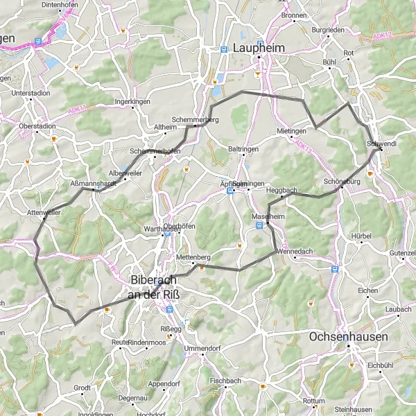 Map miniature of "The Road to History" cycling inspiration in Tübingen, Germany. Generated by Tarmacs.app cycling route planner