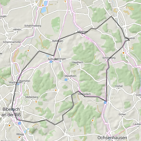 Karten-Miniaturansicht der Radinspiration "Radtour von Schwendi nach Warthausen" in Tübingen, Germany. Erstellt vom Tarmacs.app-Routenplaner für Radtouren