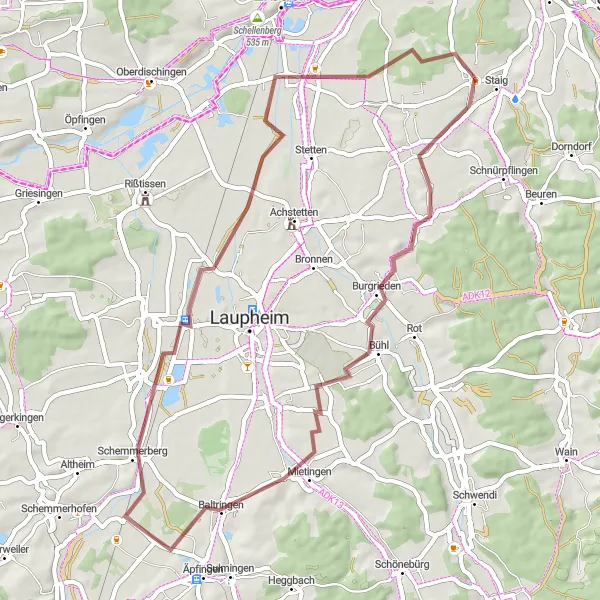 Map miniature of "Burgrieden Gravel Loop" cycling inspiration in Tübingen, Germany. Generated by Tarmacs.app cycling route planner