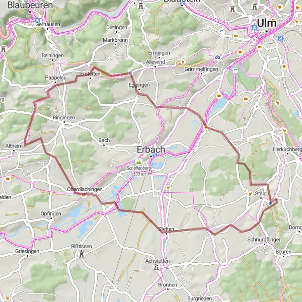 Karten-Miniaturansicht der Radinspiration "Rundtour durch Hüttisheim und Oberdischingen" in Tübingen, Germany. Erstellt vom Tarmacs.app-Routenplaner für Radtouren