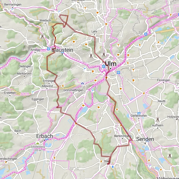 Map miniature of "Gravel Adventure" cycling inspiration in Tübingen, Germany. Generated by Tarmacs.app cycling route planner