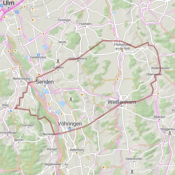 Map miniature of "Senden to Weißenhorn Gravel Ride" cycling inspiration in Tübingen, Germany. Generated by Tarmacs.app cycling route planner