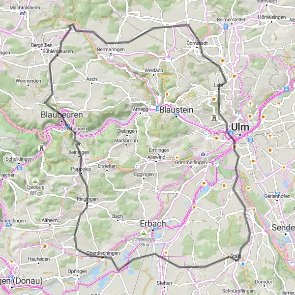 Map miniature of "Ulm Round Trip" cycling inspiration in Tübingen, Germany. Generated by Tarmacs.app cycling route planner