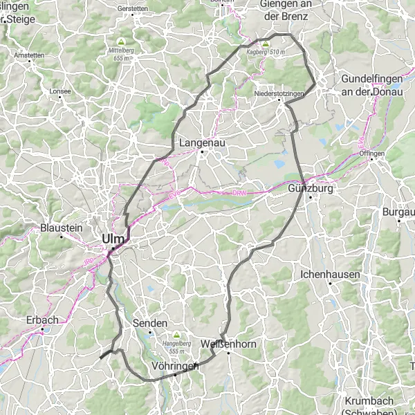 Map miniature of "Road Cycling Adventure: Tübingen to Günzburg" cycling inspiration in Tübingen, Germany. Generated by Tarmacs.app cycling route planner