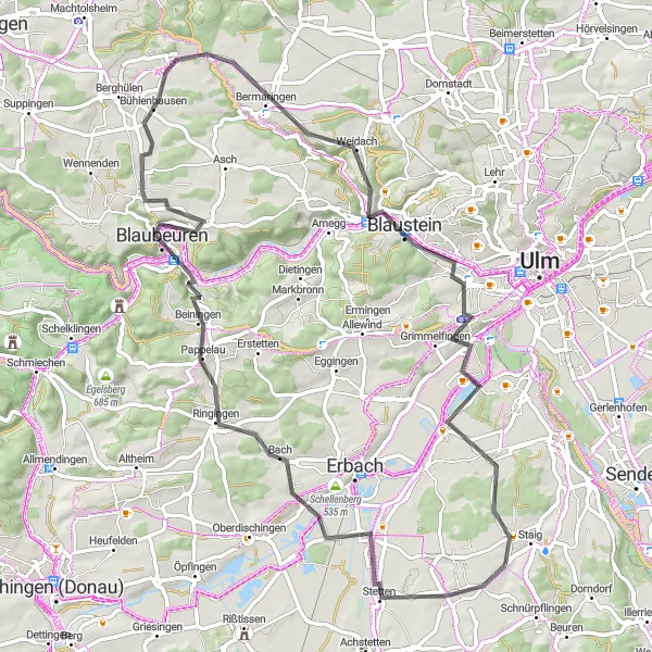 Map miniature of "Blaubeuren Challenge" cycling inspiration in Tübingen, Germany. Generated by Tarmacs.app cycling route planner