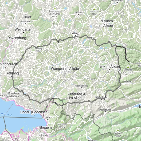Map miniature of "Tettnang Kohlenberg Route" cycling inspiration in Tübingen, Germany. Generated by Tarmacs.app cycling route planner