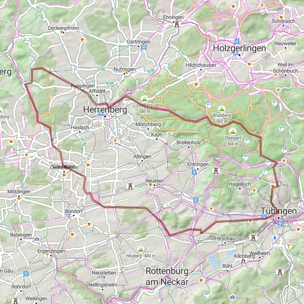 Karten-Miniaturansicht der Radinspiration "Rundtour über Tübingen und Herrenberg" in Tübingen, Germany. Erstellt vom Tarmacs.app-Routenplaner für Radtouren