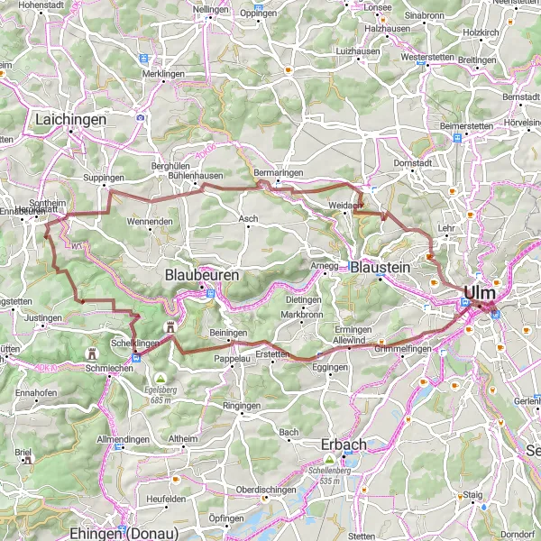 Karten-Miniaturansicht der Radinspiration "Die Ulm-Kapellenberg-Schelklingen Route" in Tübingen, Germany. Erstellt vom Tarmacs.app-Routenplaner für Radtouren