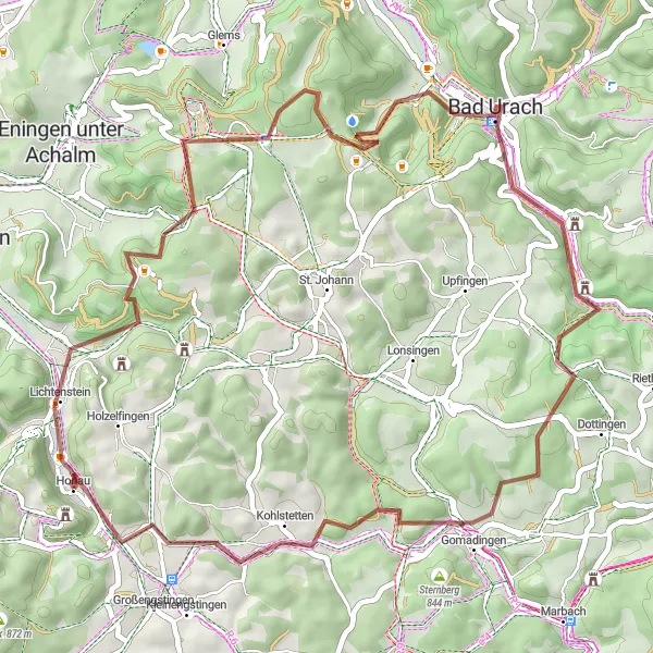 Map miniature of "Unterhausen Gravel Exploration: Tales of Ancient Castles and Stunning Landscapes" cycling inspiration in Tübingen, Germany. Generated by Tarmacs.app cycling route planner