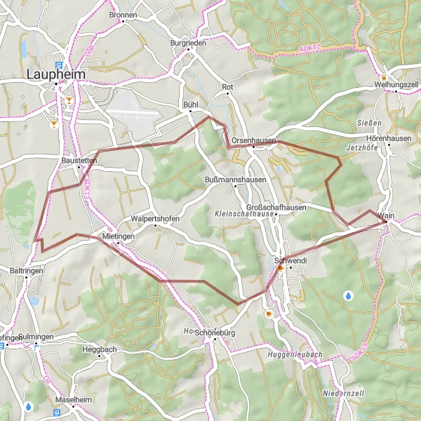 Map miniature of "Schwendi Round-Trip" cycling inspiration in Tübingen, Germany. Generated by Tarmacs.app cycling route planner