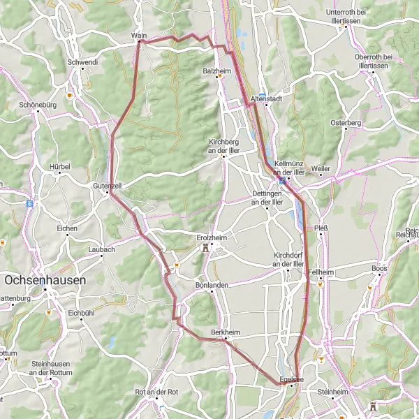 Map miniature of "Altenstadt and Fellheim Gravel Loop" cycling inspiration in Tübingen, Germany. Generated by Tarmacs.app cycling route planner