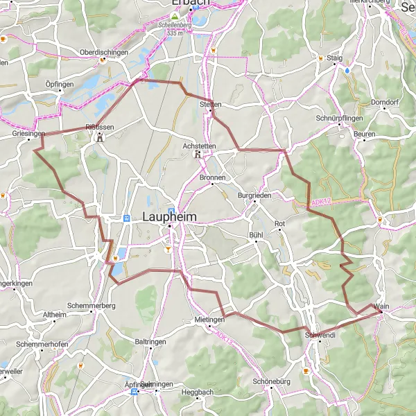 Map miniature of "Gravel Serenity" cycling inspiration in Tübingen, Germany. Generated by Tarmacs.app cycling route planner