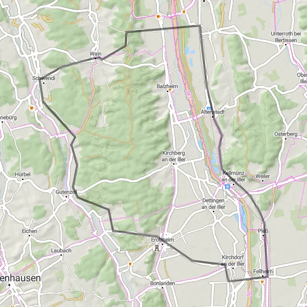 Map miniature of "Wain Adventure Loop" cycling inspiration in Tübingen, Germany. Generated by Tarmacs.app cycling route planner