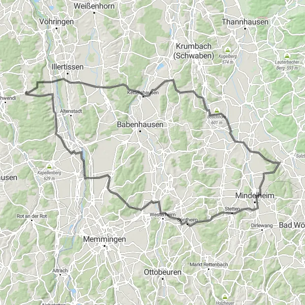Map miniature of "Mindelheim Challenge" cycling inspiration in Tübingen, Germany. Generated by Tarmacs.app cycling route planner