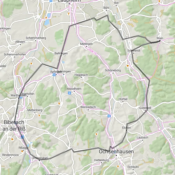 Map miniature of "Schwendi Scenic Route" cycling inspiration in Tübingen, Germany. Generated by Tarmacs.app cycling route planner