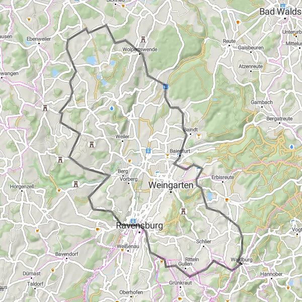 Map miniature of "Ravensburg and Adelegg Ride" cycling inspiration in Tübingen, Germany. Generated by Tarmacs.app cycling route planner