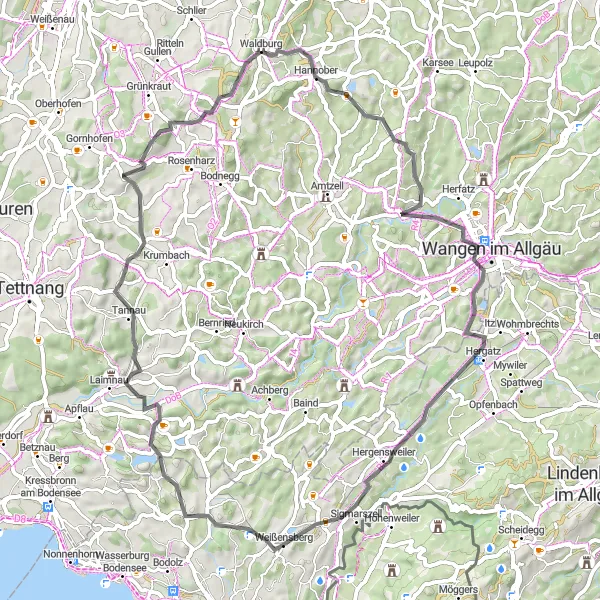 Map miniature of "Waldburg and Beyond" cycling inspiration in Tübingen, Germany. Generated by Tarmacs.app cycling route planner