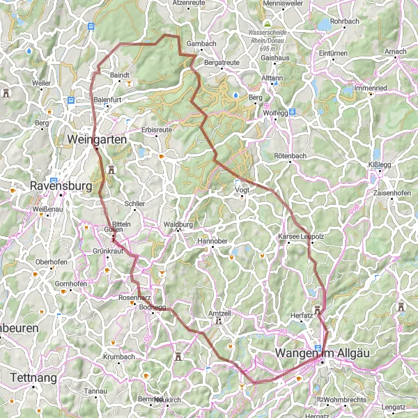 Karten-Miniaturansicht der Radinspiration "Abenteuerliche Gravel-Tour im Allgäu" in Tübingen, Germany. Erstellt vom Tarmacs.app-Routenplaner für Radtouren