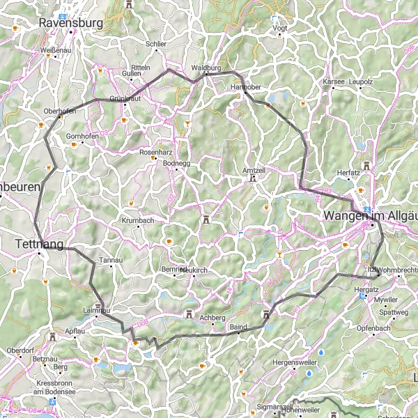 Map miniature of "Scenic Road Tour: Tübingen to Allgäu" cycling inspiration in Tübingen, Germany. Generated by Tarmacs.app cycling route planner