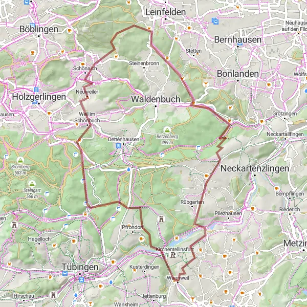 Map miniature of "The Gravel Escape" cycling inspiration in Tübingen, Germany. Generated by Tarmacs.app cycling route planner