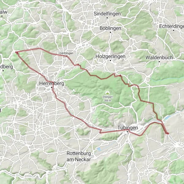 Map miniature of "Tübingen to Wannweil Circular Gravel Route" cycling inspiration in Tübingen, Germany. Generated by Tarmacs.app cycling route planner