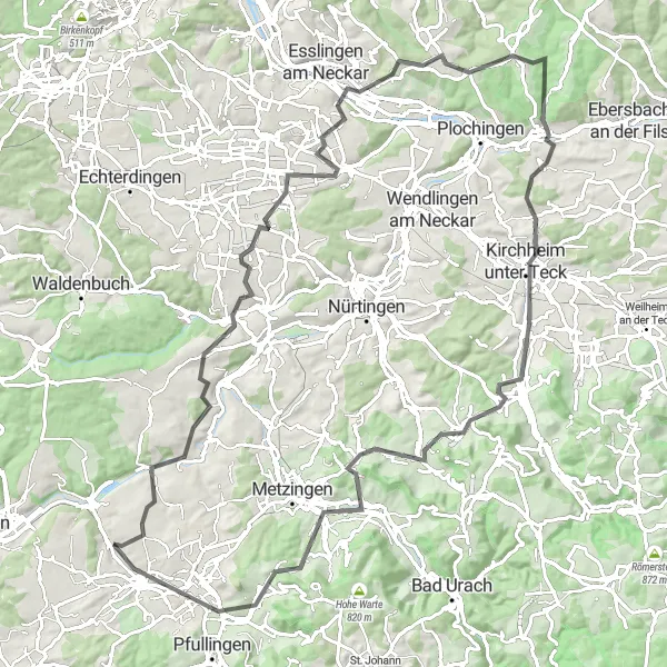 Map miniature of "Tübingen Road Cycling Wonderland" cycling inspiration in Tübingen, Germany. Generated by Tarmacs.app cycling route planner
