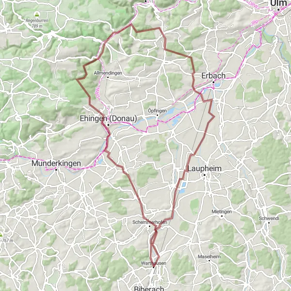 Map miniature of "The Ehingen Gravel Challenge" cycling inspiration in Tübingen, Germany. Generated by Tarmacs.app cycling route planner