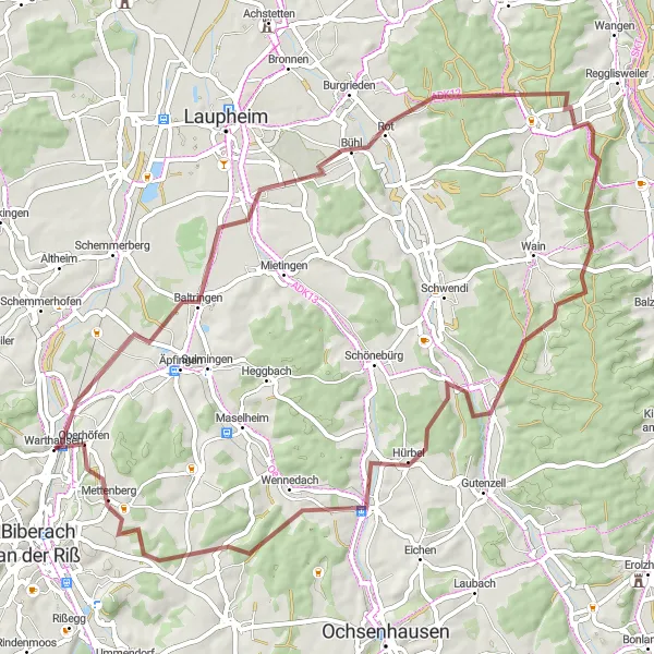 Map miniature of "Warthausen to Schloss Warthausen Gravel Route" cycling inspiration in Tübingen, Germany. Generated by Tarmacs.app cycling route planner