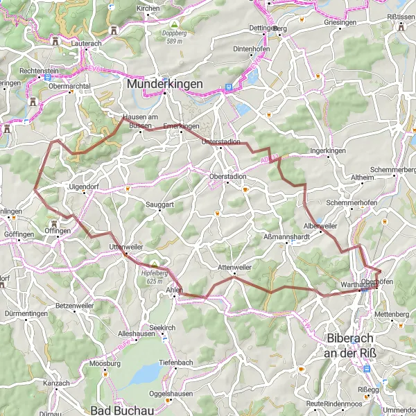 Map miniature of "Warthausen to Britschweiler Gravel Route" cycling inspiration in Tübingen, Germany. Generated by Tarmacs.app cycling route planner