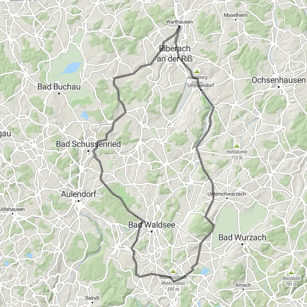 Map miniature of "The Jordanberg Road Circuit" cycling inspiration in Tübingen, Germany. Generated by Tarmacs.app cycling route planner