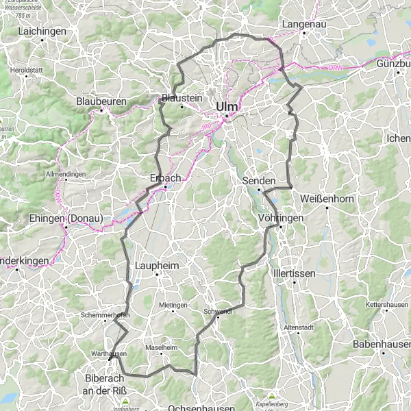 Map miniature of "The Oberdischingen Road Challenge" cycling inspiration in Tübingen, Germany. Generated by Tarmacs.app cycling route planner