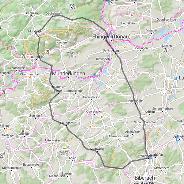 Map miniature of "The Dächingen Road Adventure" cycling inspiration in Tübingen, Germany. Generated by Tarmacs.app cycling route planner