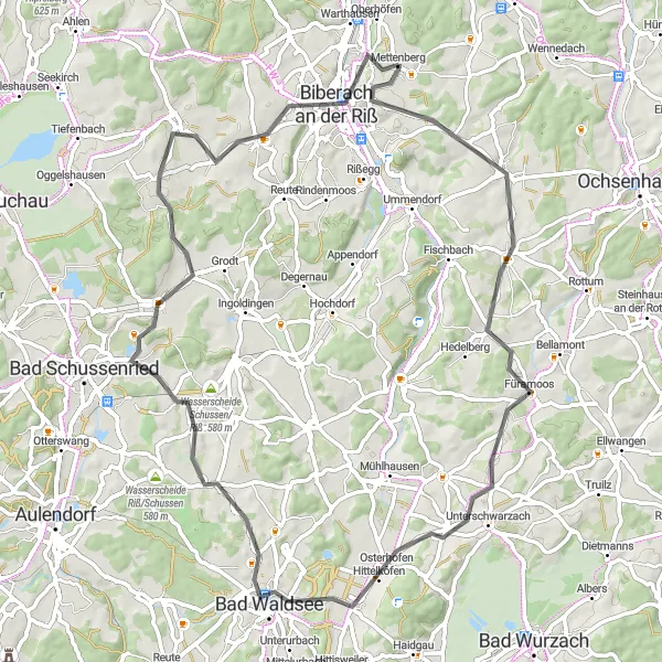Map miniature of "Warthausen to Biberach an der Riß Road Route" cycling inspiration in Tübingen, Germany. Generated by Tarmacs.app cycling route planner