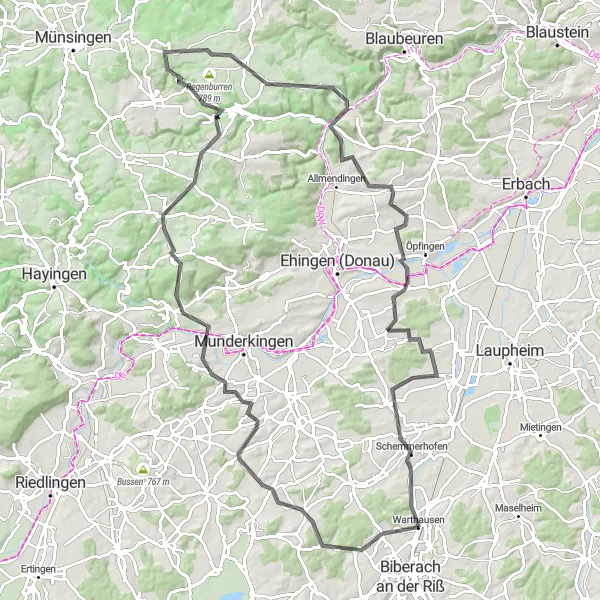 Map miniature of "Warthausen to Warthausen Road Route" cycling inspiration in Tübingen, Germany. Generated by Tarmacs.app cycling route planner