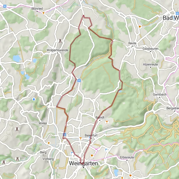 Map miniature of "Hidden Gems of Weingarten" cycling inspiration in Tübingen, Germany. Generated by Tarmacs.app cycling route planner
