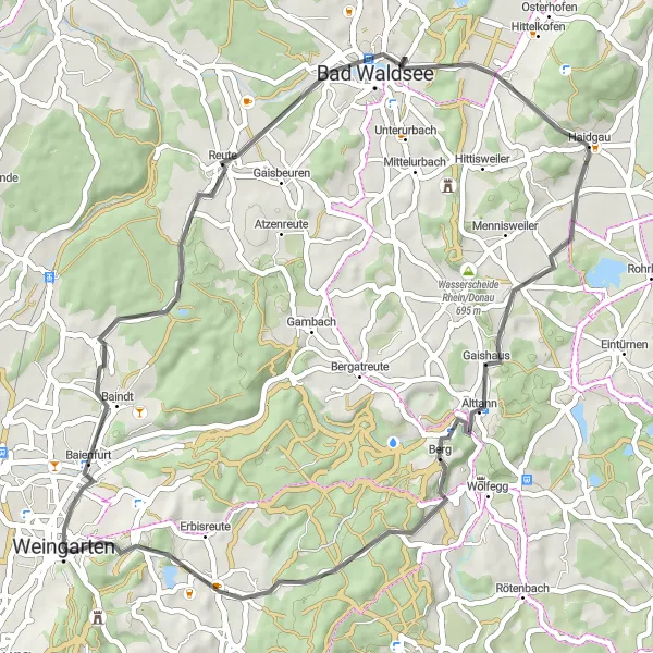 Map miniature of "Roads and Lakes" cycling inspiration in Tübingen, Germany. Generated by Tarmacs.app cycling route planner
