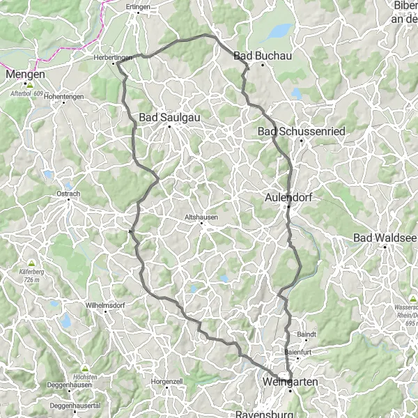 Map miniature of "Windmills and Waterfalls" cycling inspiration in Tübingen, Germany. Generated by Tarmacs.app cycling route planner