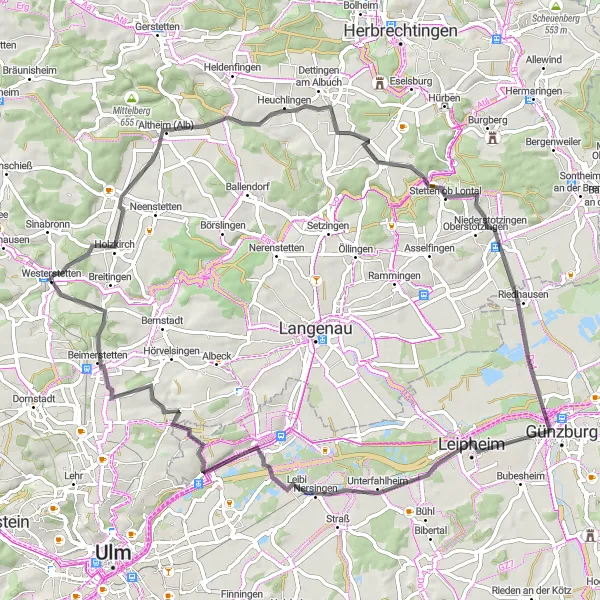Karten-Miniaturansicht der Radinspiration "Road Tour um Westerstetten" in Tübingen, Germany. Erstellt vom Tarmacs.app-Routenplaner für Radtouren