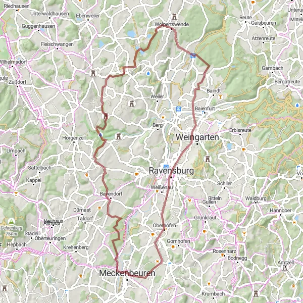 Map miniature of "Adelegg Gravel Adventure" cycling inspiration in Tübingen, Germany. Generated by Tarmacs.app cycling route planner
