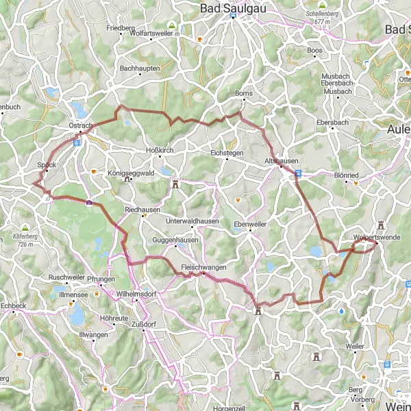 Map miniature of "The Fronhofen to Wolpertswende Gravel Route" cycling inspiration in Tübingen, Germany. Generated by Tarmacs.app cycling route planner