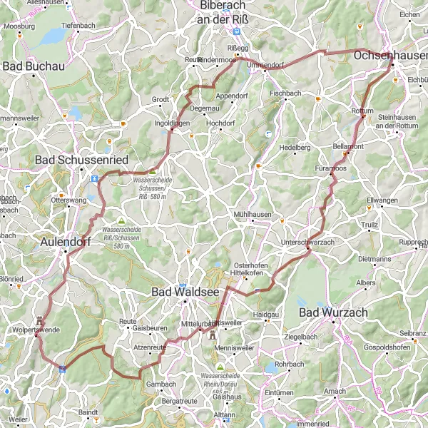 Map miniature of "Oberschwaben Gravel Loop" cycling inspiration in Tübingen, Germany. Generated by Tarmacs.app cycling route planner