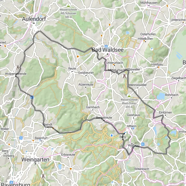Map miniature of "The Neuwaldsee Ruins and Wolfegg Road Route" cycling inspiration in Tübingen, Germany. Generated by Tarmacs.app cycling route planner