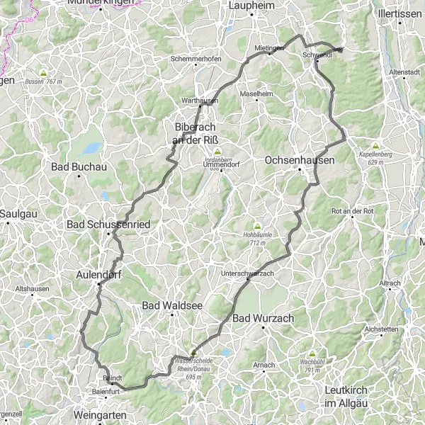 Map miniature of "The Zollenreute to Baindt Epic Road Route" cycling inspiration in Tübingen, Germany. Generated by Tarmacs.app cycling route planner