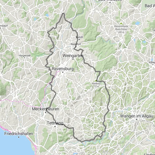 Map miniature of "The Baienfurt to Blitzenreute Road Route" cycling inspiration in Tübingen, Germany. Generated by Tarmacs.app cycling route planner