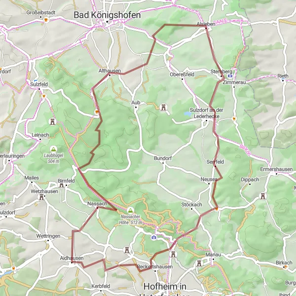 Map miniature of "Nassach Gravel Adventure" cycling inspiration in Unterfranken, Germany. Generated by Tarmacs.app cycling route planner