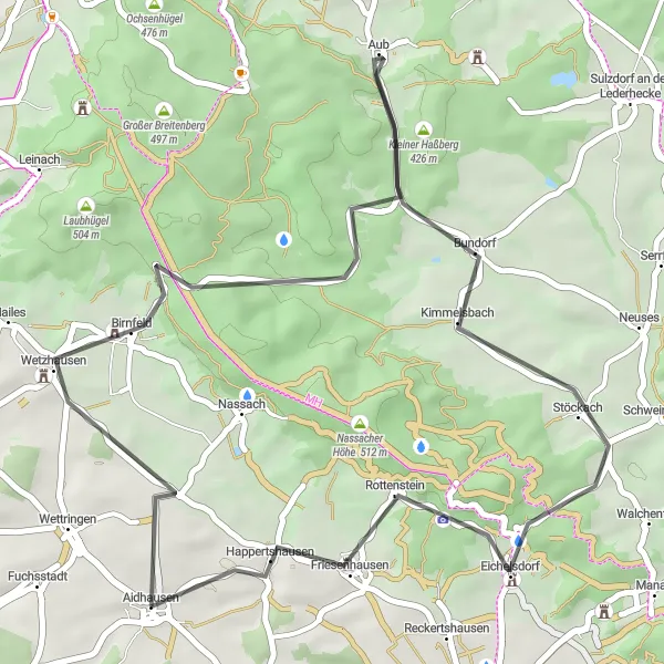 Karten-Miniaturansicht der Radinspiration "Malersiche Road-Tour" in Unterfranken, Germany. Erstellt vom Tarmacs.app-Routenplaner für Radtouren