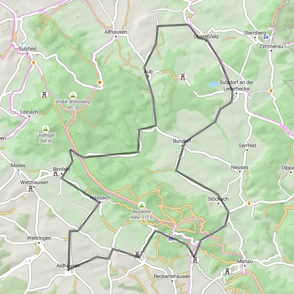 Map miniature of "Scenic Tour through Birnfeld" cycling inspiration in Unterfranken, Germany. Generated by Tarmacs.app cycling route planner