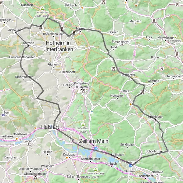 Karten-Miniaturansicht der Radinspiration "Straßenabenteuer durch die Region" in Unterfranken, Germany. Erstellt vom Tarmacs.app-Routenplaner für Radtouren