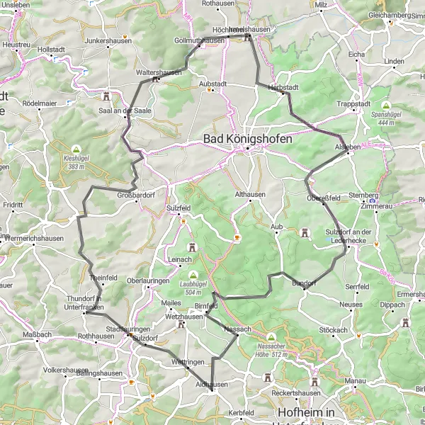 Map miniature of "Unterfranken Road Adventure" cycling inspiration in Unterfranken, Germany. Generated by Tarmacs.app cycling route planner